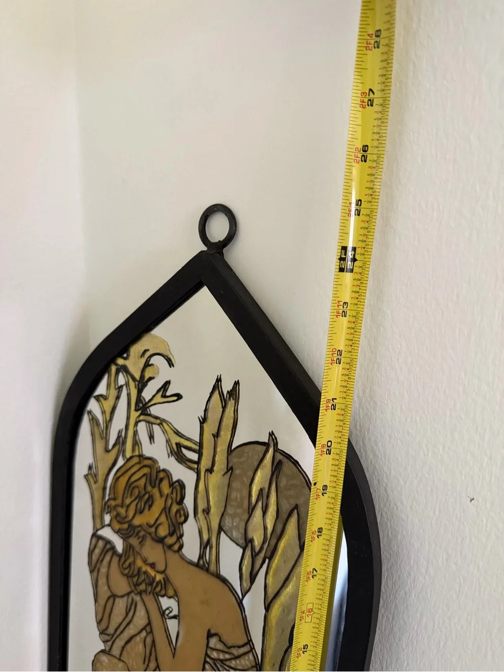 Vintage Gold and Black Glass Wall Mirror with Art Nouveau Figure